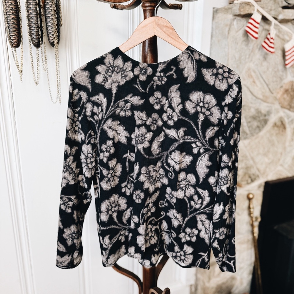90s Silk Crinkle Textured Moody Floral Long Sleeve Shirt
